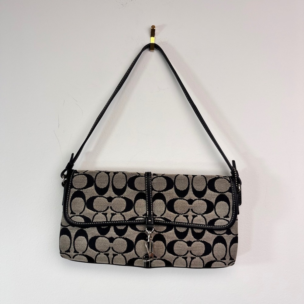 Coach Signature Jacquard Shoulder Bag Black Khaki Monogram Y2K Baguette Purse